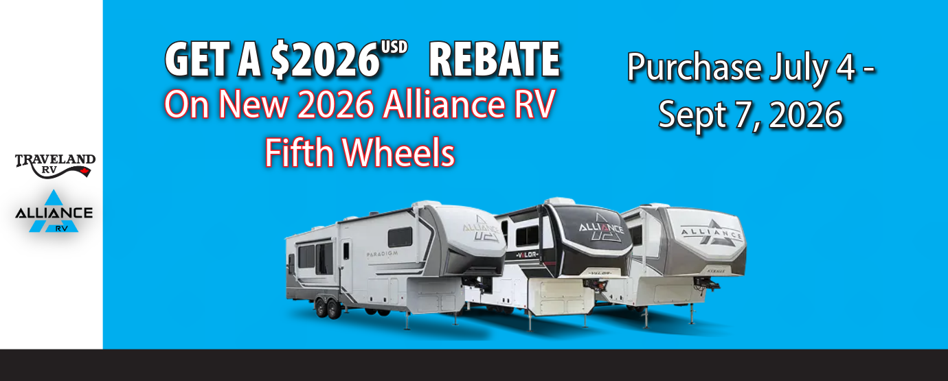 Get a $2,026 USD rebate on new 2026 Alliance RV fifth wheels. Purchase July 4 to Sept 7, 2026.